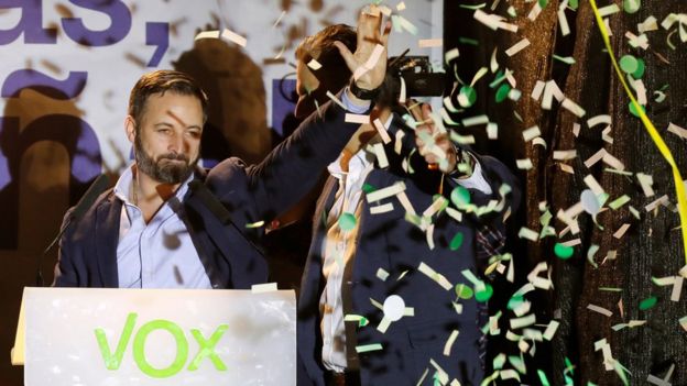 Santiago Abascal (C), leader of right-wing party Vox, addresses the supporters after the polls closed for the general elections, in Madrid, Spain, 28 April 2019