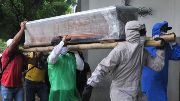Men carrying a coffin of a suspected Covid-19 victim