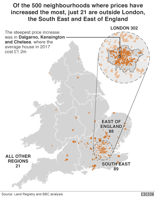 Map showing that of the 500 neighbourhoods where house prices have increased the most, just 21 are outside London, the South East and the East of England