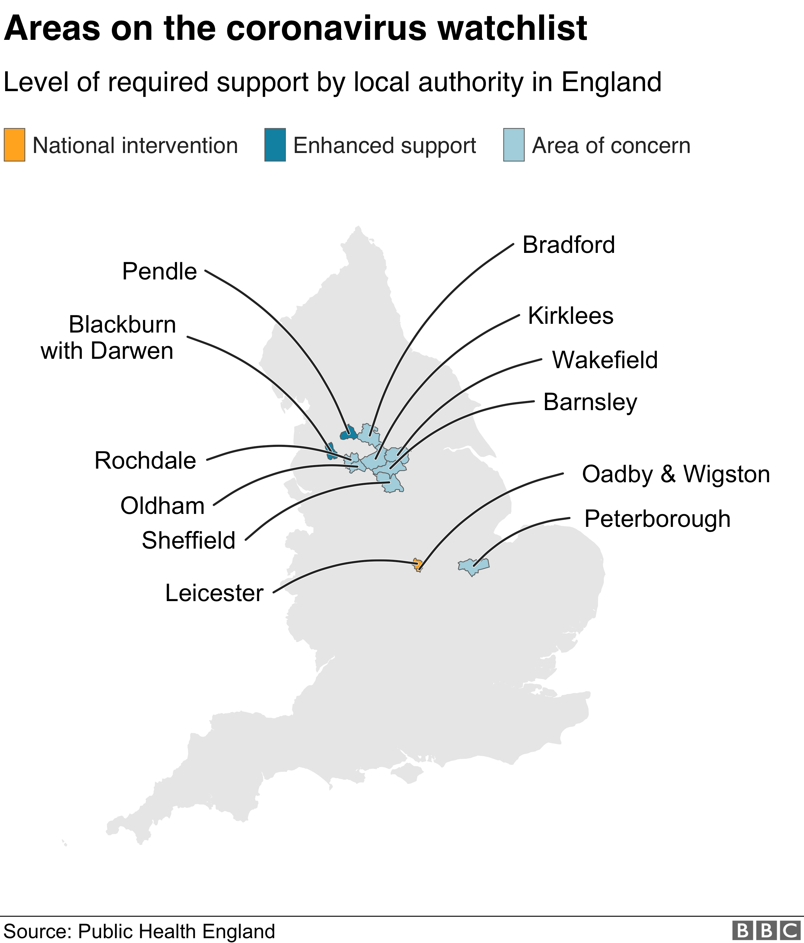 Map showing areas on coronavirus watchlist