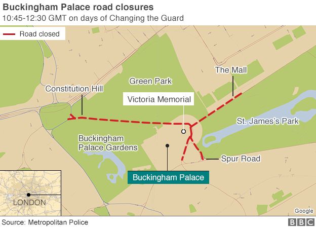 Map of Changing the Guard road closures around Buckingham Palace