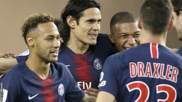 Paris St-Germain forwards Neymar (left), Edinson Cavani (centre) and Kylian Mbappe with Julian Draxler