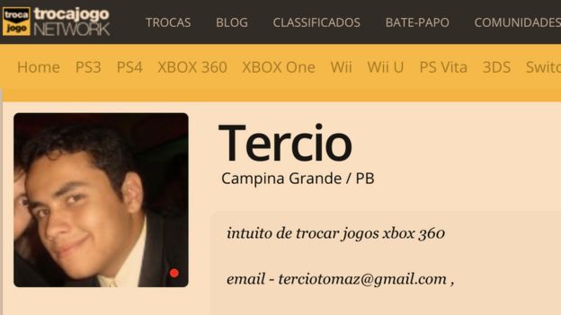 Perfil de Tercio em site de videogame mostra mesmo e-mail usado em perfil de Instagram