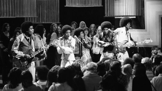 The Jackson 5 performing on BBC's Top of the Pop in 1972 - photographed in black and white