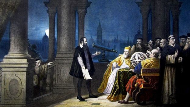 Galileu mostrando o telescópio a Leonardo Donato, dirigente de Veneza, em pintura de H.J. Detouche
