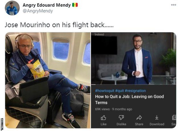 Split screen: Left: Mourinho watches film on plane, right: an instructional YouTube video on leaving jobs