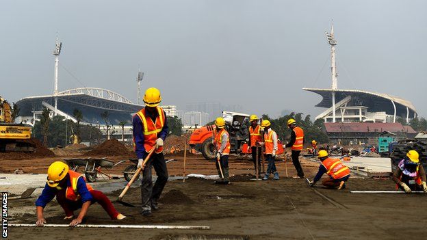 Construction workers at the site for the F1 Grand Prix in Vietnam