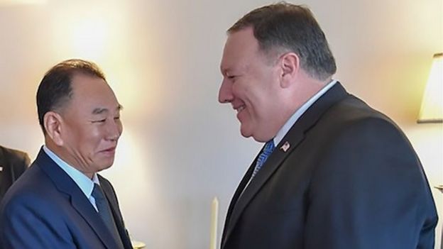 Kim Yong-chol (left) and Mike Pompeo in New York