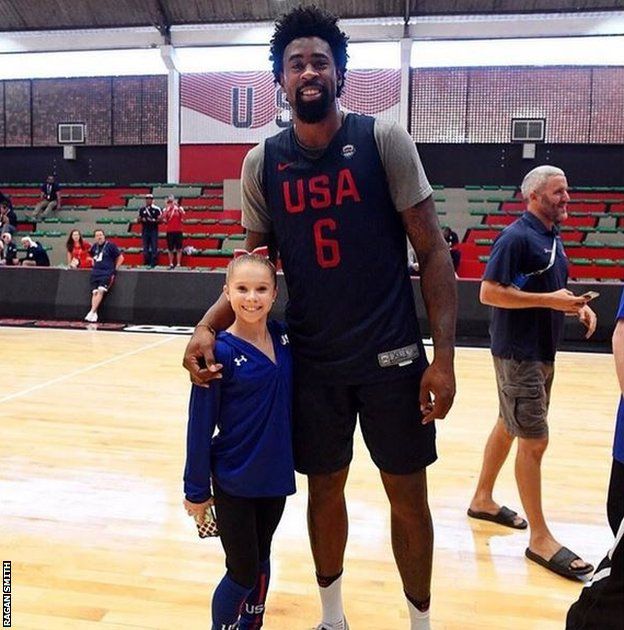 Team USA basketball Player Deandre Jordan (6'11") and Gymnast Ragan Smith (4'6")