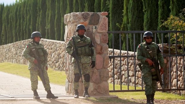 Soldiers keep watch outside the properties of Mexican-American Mormons that were killed in Bavispe, in La Mora, Sonora state, Mexico November 6, 2019
