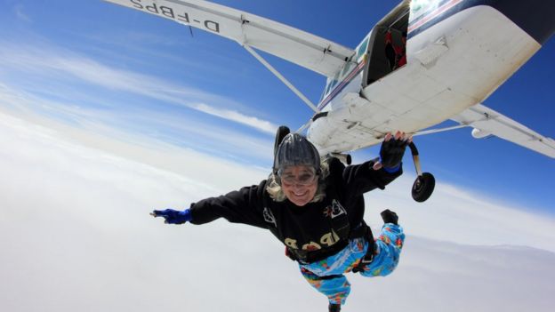 Dilys Price doing her Guinness World Record-setting jump
