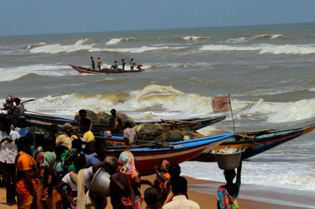 Fishermen return to shore in Konark