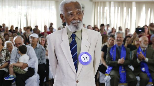 Evilazio Barroso Torres, 90, poses during Sao Paulo's "Most Handsome Elderly Male" contest