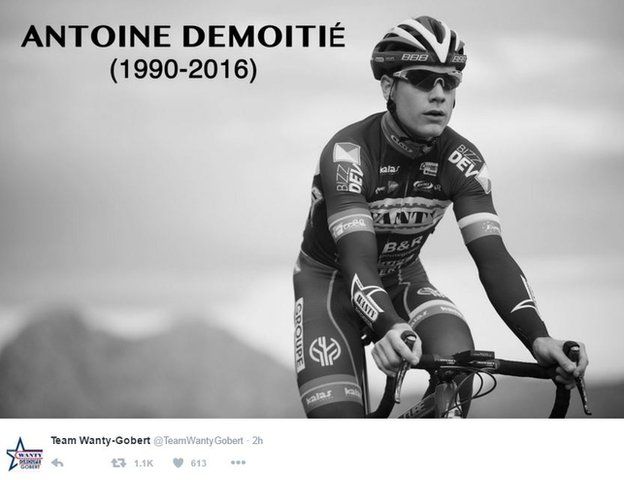 Demoitie's team, Wanty-Gobert, tweeted a black-and-white image of the rider, with his dates