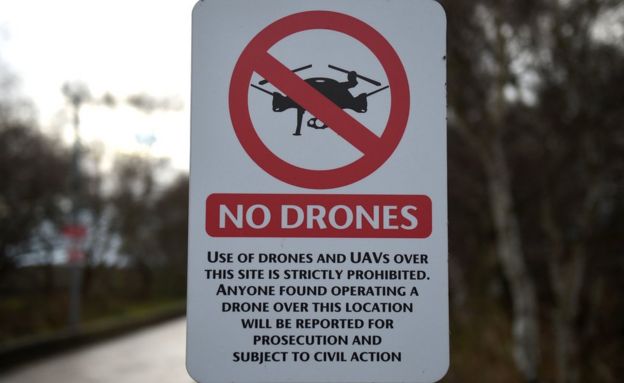 A "No Drones" sign alerting members of the public that the use of drones or unmanned aerial vehicles (UAV) is prohibited