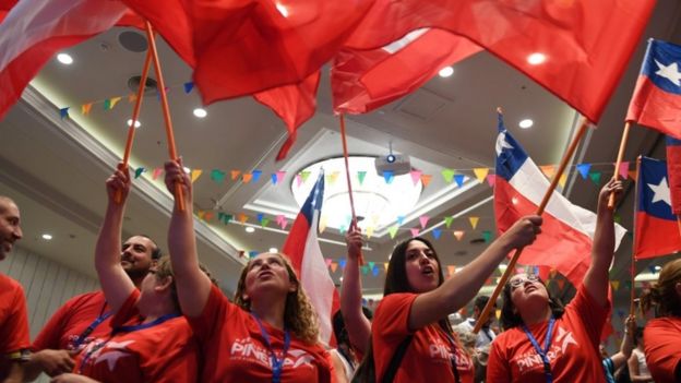 Supporters of Chilean presidential candidate Sebastian Pinera celebrate the unofficial exit poll results by waving flags