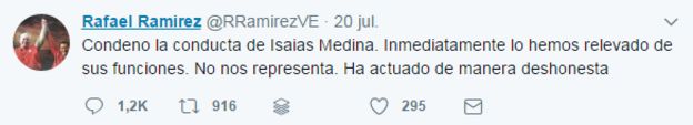 Tuit del embajador de Venezuela ante la ONU, Rafael Ramírez.