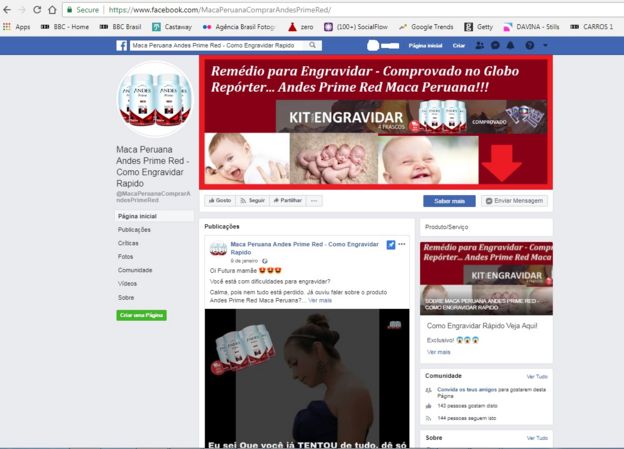 Imagem mostra divulgação de produto como kit para engravidar no Facebook