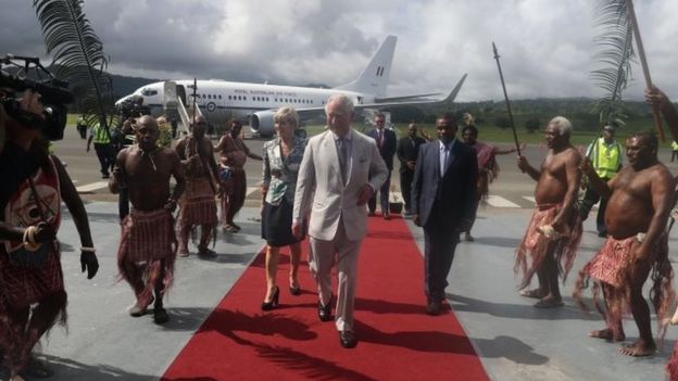 The Prince of Wales arrives at the airport on the South Pacific island of Vanuatu