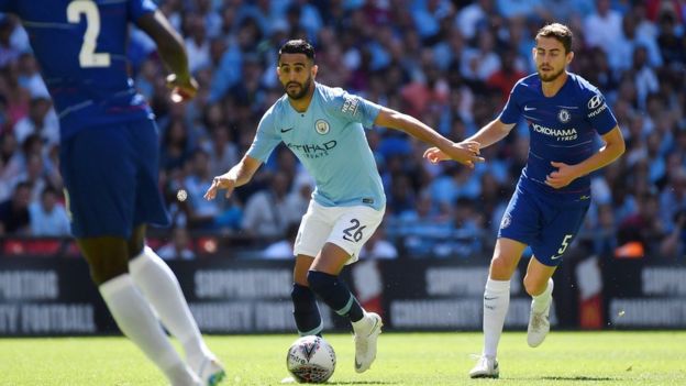 Manchester City's Riyad Mahrez in action with Chelsea's Jorginho in the Community Shield
