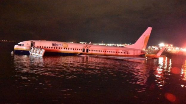 a Boeing 737 aircraft photographed side-on in river