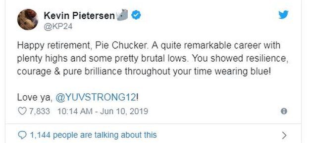 Kevin Pietersen tweet responding to Yuvraj's retirement