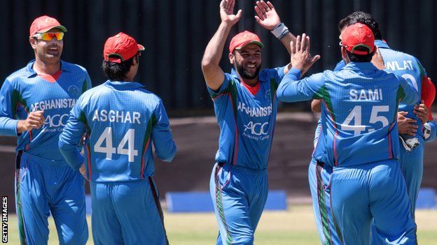 Afghanistan celebrate a wicket against Zimbabwe