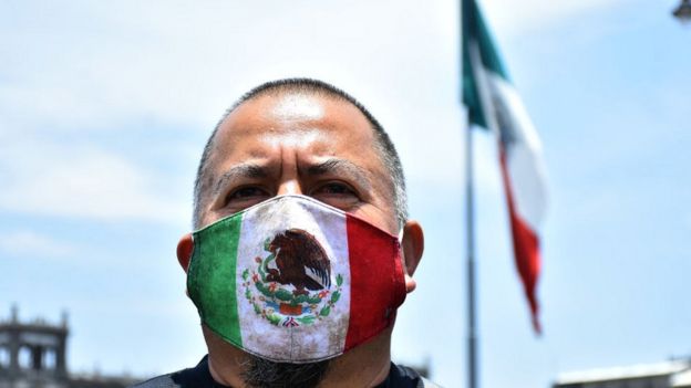 Man wearing Mexican flag mask