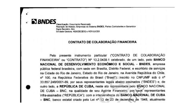 Reprodução da primeira página do contrato entre o BNDES e o governo de Cuba para construção do porto de Mariel, documento disponível no site do banco