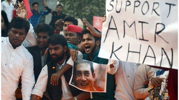 Indian activists from the Samajwadi Party shout slogans against central government, and in support of Bollywood actor Amir Khan, who has spoken against what he has called growing intolerance and insecurity in India, in Allahabad on November 26, 2015. AFP PHOTO / SANJAY KANOJIA / AFP / Sanjay Kanojia (Photo credit should read SANJAY KANOJIA/AFP/Getty Images)