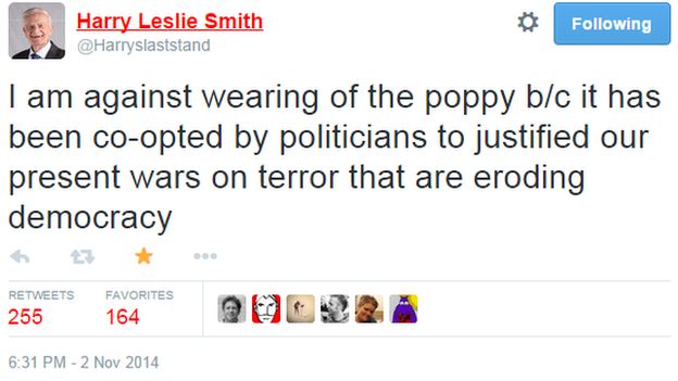 A tweet explaining why Harry didn't want to wear a poppy
