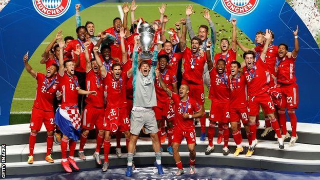 Bayern Munich lifting the Champions League trophy