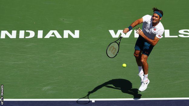 Roger Federer serves during quarter-final victory over Hubert Hurkacz at Indian Wells