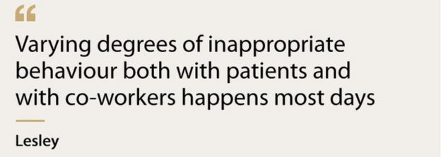 "Varying degrees of inappropriate behaviour both with patients and co-workers happens most days" - Lesley
