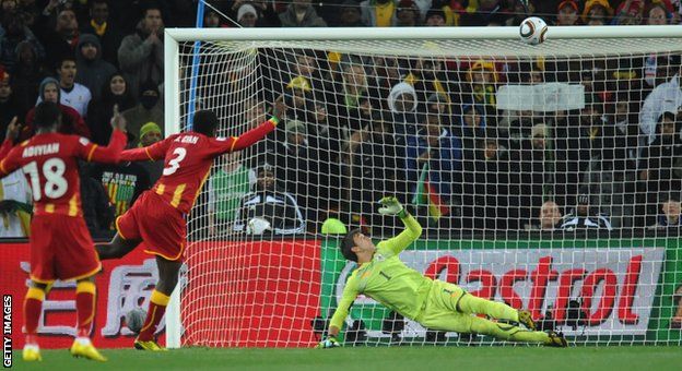Asamoah Gyan clips the crossbar with a penalty for Ghana against Uruguay at the 2010 World Cup