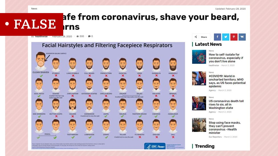 False headline claiming that the US health authorities recommend shaving off beards to protect against coronavirus