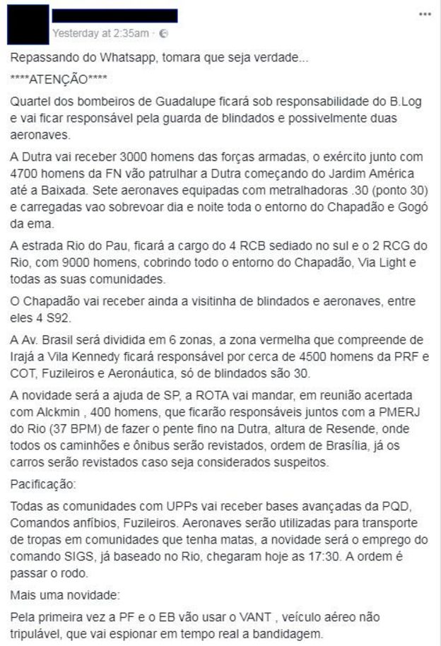 Fake news sobre intervenção federal no RJ