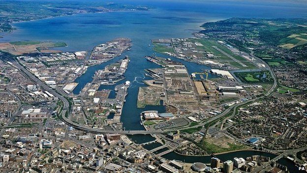 Aerial picture of Belfast and its harbour