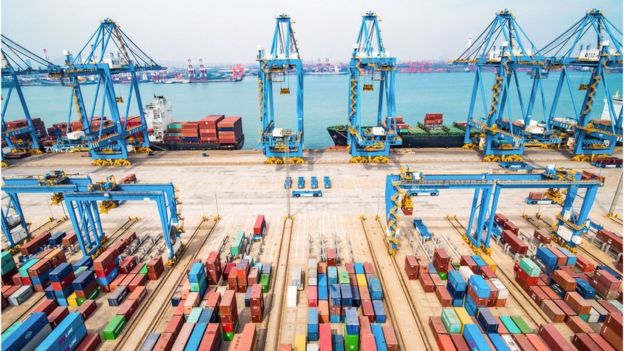 An aerial view of a port in Qingdao in China's eastern Shandong province on March 8, 2019