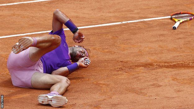 Rafael Nadal tumbles during his win over Alexander Zverev at the Italian Open in Rome