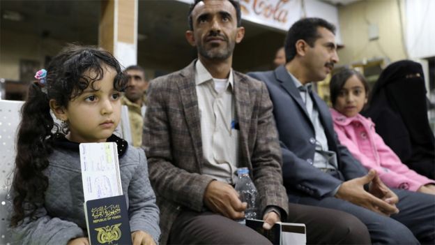 People wait to board a UN medical air bridge flight from Sanaa International Airport in Yemen (3 February 2020)