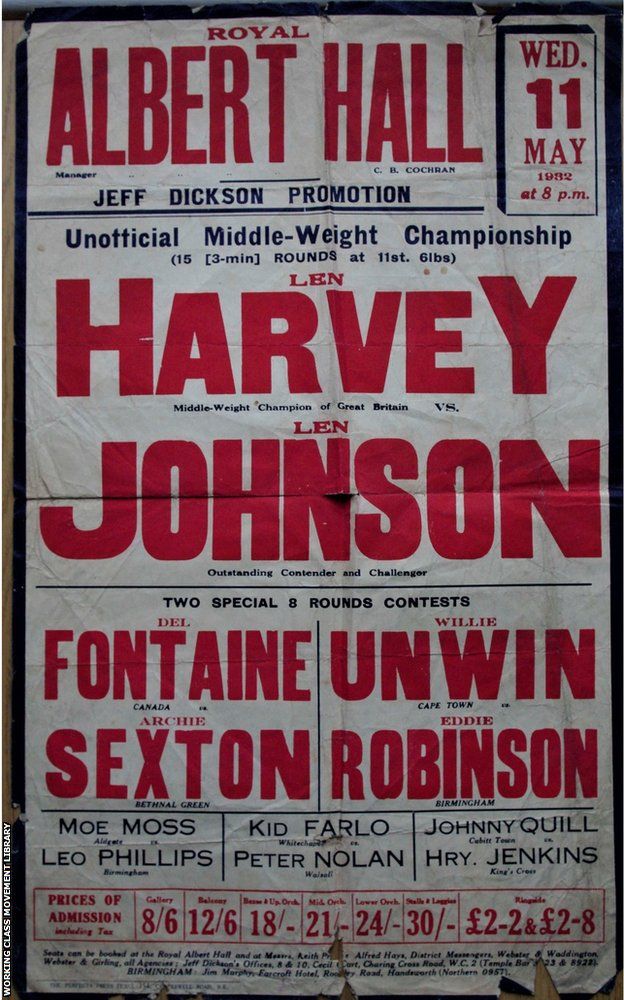 Poster advertising Len Johnson's fight with Len Harvey at the Albert Theatre in 1932