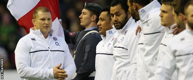 Dylan Hartley and England line up before the Six Nations meeting with Scotland