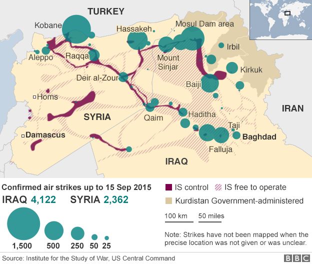 Map showing air strikes against targets in Iraq and Syria