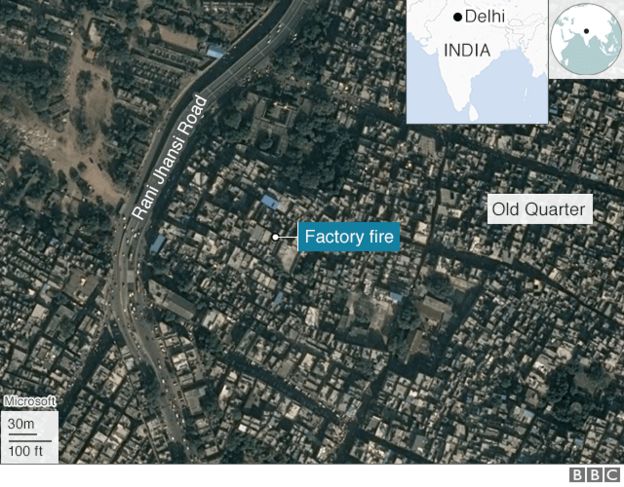 A map of Delhi showing where a factory fire took place