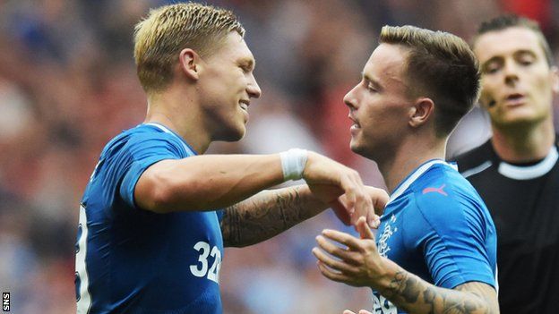Barrie McKay (right) is congratulated by Martyn Waghorn after opening the scoring for Rangers
