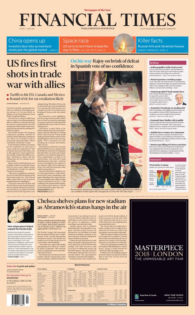 Financial Times front page - 01/06/18