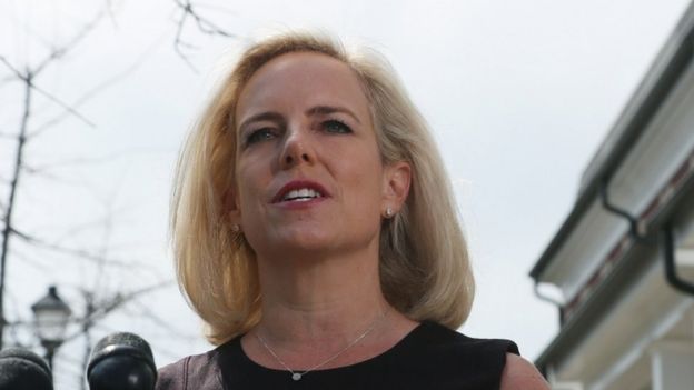 Outgoing Department of Homeland Security Secretary Kirstjen Nielsen speaks to the media outside of her home on April 08, 2019 in Alexandria, Virginia
