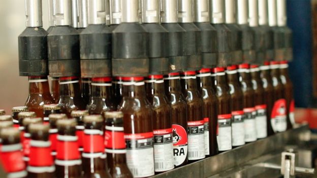 Bira 91 beer bottles on the production line