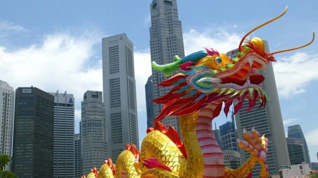 Imagem mostra dragão chinês em meio a prédios